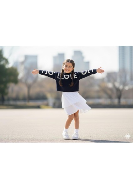 Kız Çocuk 'ı Love You' Yazılı Triko Kazak ve Volanlı Beyaz Etek Takımı - %100 Pamuklu fiyatları