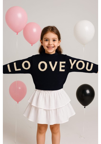 Kız Çocuk 'ı Love You' Yazılı Triko Kazak ve Volanlı Beyaz Etek Takımı - %100 Pamuklu fırsatları