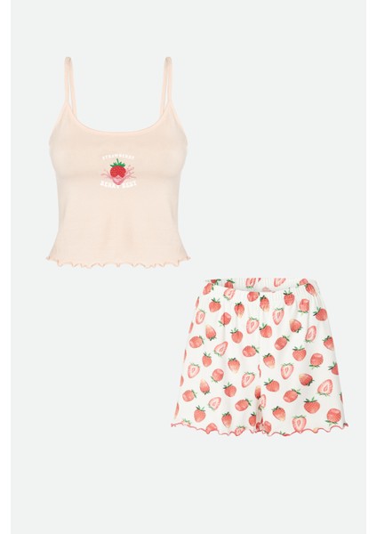 Kadın Ince Askılı Desenli Pamuklu Şortlu Pijama Takımı