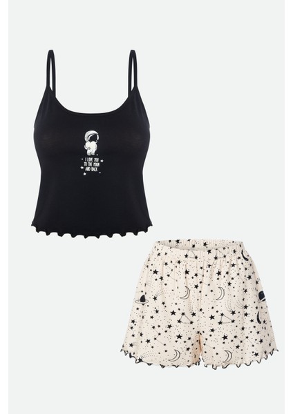 Kadın Ince Askılı Desenli Pamuklu Şortlu Pijama Takımı