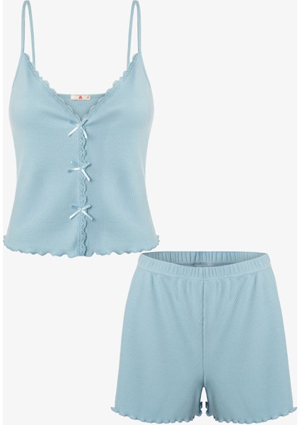 Kadın Ince Askılı Dantelli Fiyonklu Pamuklu Şortlu Pijama Takımı