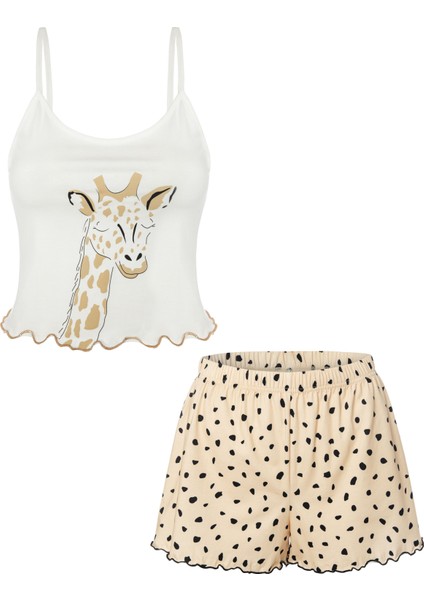 Kadın Ince Askılı Desenli Pamuklu Şortlu Pijama Takımı