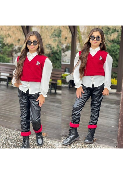 Kız Çocuk Ikili Takım - Yelekli Gömlek ( Tek Parça ) - Deri Pantolon - Kışlık Şık Kombin