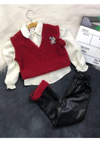Kız Çocuk Ikili Takım - Yelekli Gömlek ( Tek Parça ) - Deri Pantolon - Kışlık Şık Kombin fiyatları