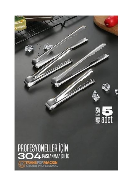 Mini 12.5 cm Buz Maşası - Şeker Limon Maşası Kokteyl Servis Maşası 5 Li Paket 304 Paslanmaz Çelik