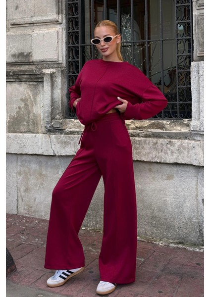 Kadın Yumuşak Dokunuşlu Modal Kumaşlı Geniş Paçalı Ikili Takım - Bordo
