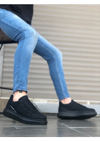 ET0548 Kalın Yan Desenli Yüksek Siyah Taban Siyah Bağcıklı Spor Erkek Ayakkabı