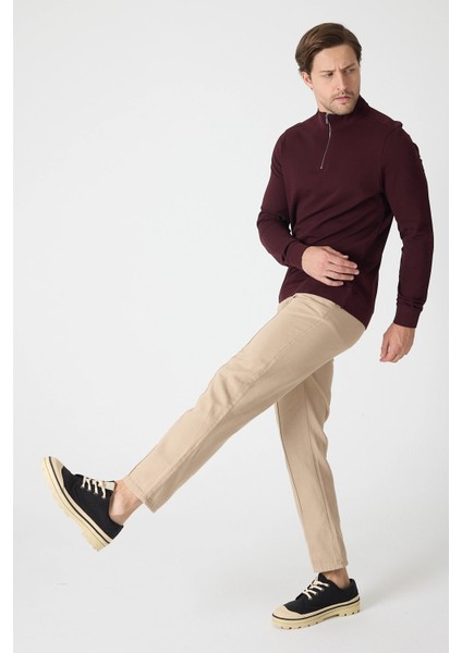 Erkek Dik Yaka Fermuarlı Sweatshirt - Bordo