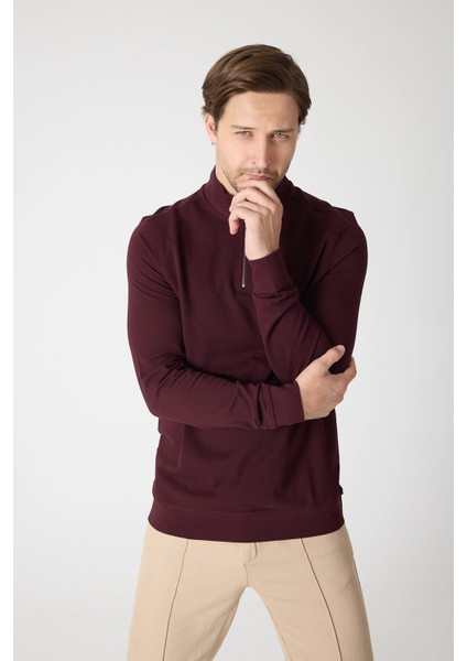 Erkek Dik Yaka Fermuarlı Sweatshirt - Bordo fiyatları