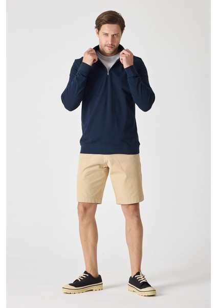 Erkek Dik Yaka Fermuarlı Sweatshirt - Lacivert