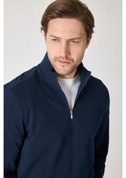 Erkek Dik Yaka Fermuarlı Sweatshirt - Lacivert modelleri