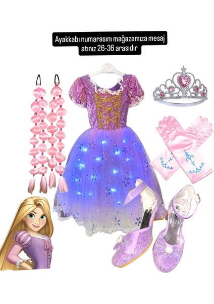 Işıklı Rapunzel Kostüm Elbise Pembe Rapunzel Bubble Saç Taç Eldiven Mor Topuklu Ayakkabı Parti