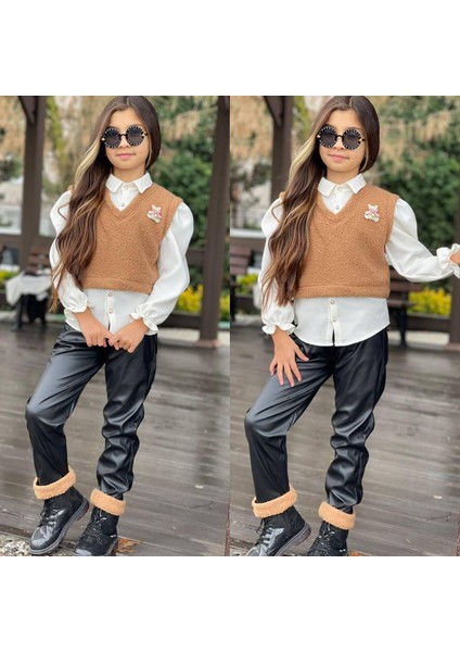Kız Çocuk Ikili Takım - Yelekli Gömlek ( Tek Parça ) - Deri Pantolon - Kışlık Şık Kombin