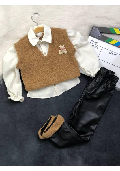 Kız Çocuk Ikili Takım - Yelekli Gömlek ( Tek Parça ) - Deri Pantolon - Kışlık Şık Kombin fiyatları