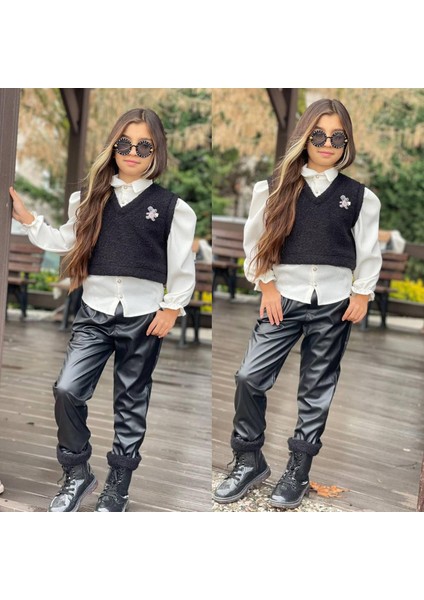 Kız Çocuk Ikili Takım - Yelekli Gömlek ( Tek Parça ) - Deri Pantolon - Kışlık Şık Kombin