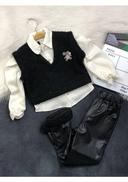 Kız Çocuk Ikili Takım - Yelekli Gömlek ( Tek Parça ) - Deri Pantolon - Kışlık Şık Kombin fiyatları