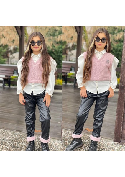 Kız Çocuk Ikili Takım - Yelekli Gömlek ( Tek Parça ) - Deri Pantolon - Kışlık Şık Kombin