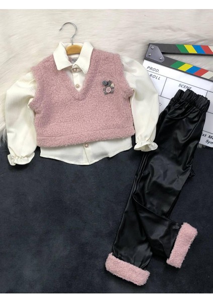 Kız Çocuk Ikili Takım - Yelekli Gömlek ( Tek Parça ) - Deri Pantolon - Kışlık Şık Kombin fiyatları