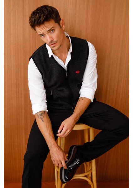 Erkek Pike Dokuma Fermuarlı Cepli Triko Yelek Siyah