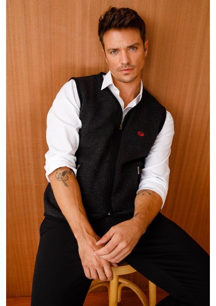 Erkek Pike Dokuma Fermuarlı Cepli Triko Yelek Siyah