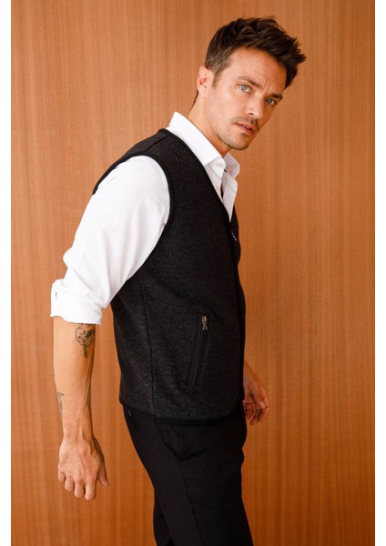 Erkek Pike Dokuma Fermuarlı Cepli Triko Yelek Siyah