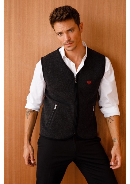 Erkek Pike Dokuma Fermuarlı Cepli Triko Yelek Siyah