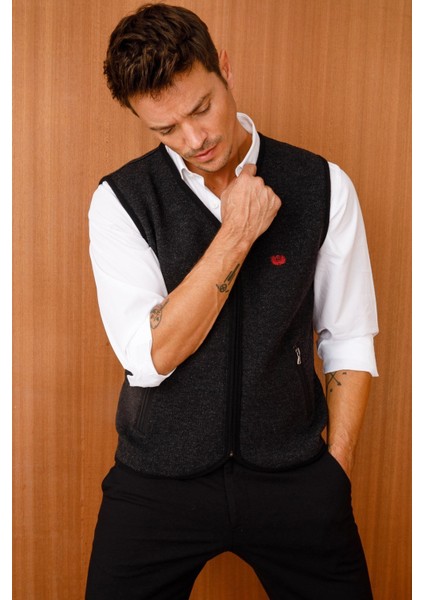 Erkek Pike Dokuma Fermuarlı Cepli Triko Yelek Siyah