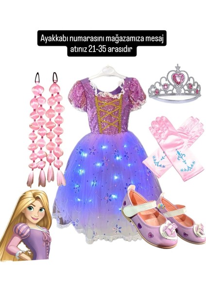 Işıklı Rapunzel Kostüm Elbise Pembe Rapunzel Bubble Saç Taç Eldiven Mor Babet Set Doğum Günü Parti