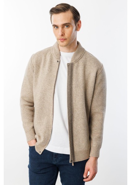 Erkek Pike Dokuma Fermuarlı Cepli Triko Mont K.bej
