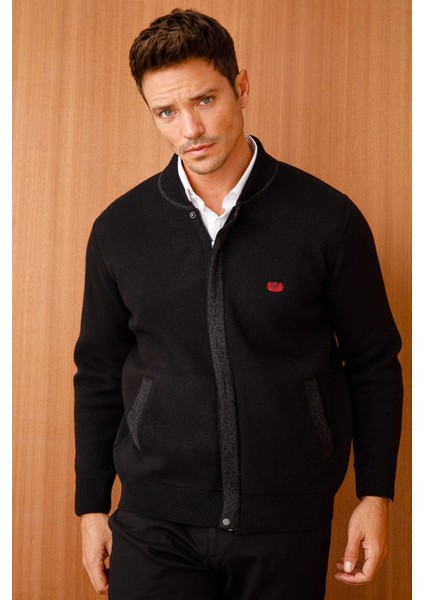 Erkek Pike Dokuma Fermuarlı Cepli Triko Mont Siyah