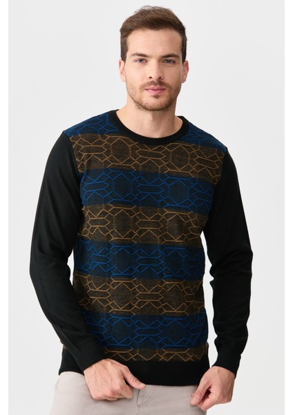 Erkek Önü Desenli Yün Kazak 2611 Siyah