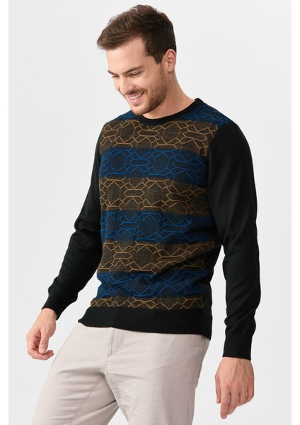 Erkek Önü Desenli Yün Kazak 2611 Siyah