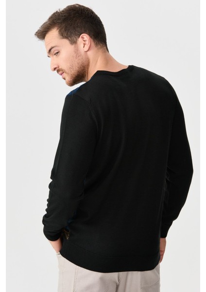 Erkek Önü Desenli Yün Kazak 2611 Siyah