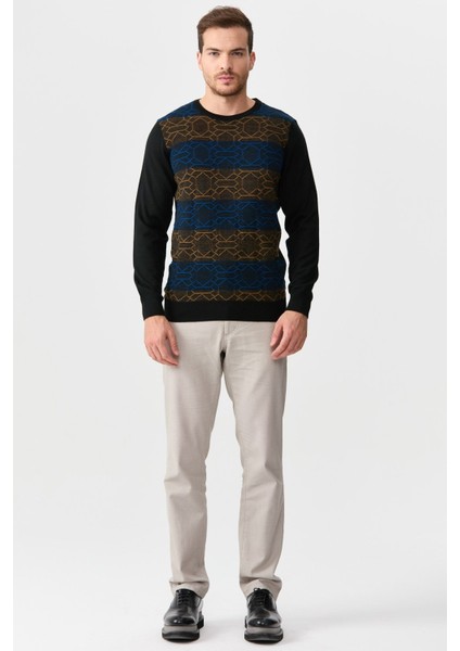 Erkek Önü Desenli Yün Kazak 2611 Siyah