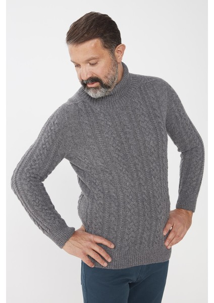 Erkek Balıkçı Yaka Saç Örgülü Yün Kazak Füme fiyatları