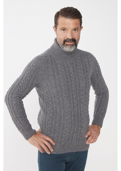 Erkek Balıkçı Yaka Saç Örgülü Yün Kazak Füme modelleri