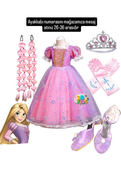 Rapunzel Kostüm Elbise Rapunzel Pembe Bubble Saç-Taç-Eldiven Çocuk Topuklu Ayakkabı Parti Doğumgünü
