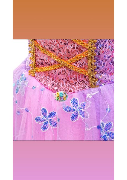 Rapunzel Kostüm Elbise Rapunzel Pembe Bubble Saç-Taç-Eldiven Çocuk Topuklu Ayakkabı Parti Doğumgünü modelleri