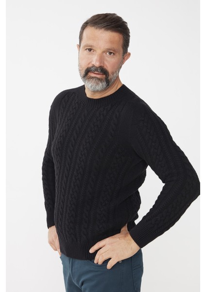 Erkek Sıfır Yaka Saç Örgülü Yün Kazak Siyah fırsatları