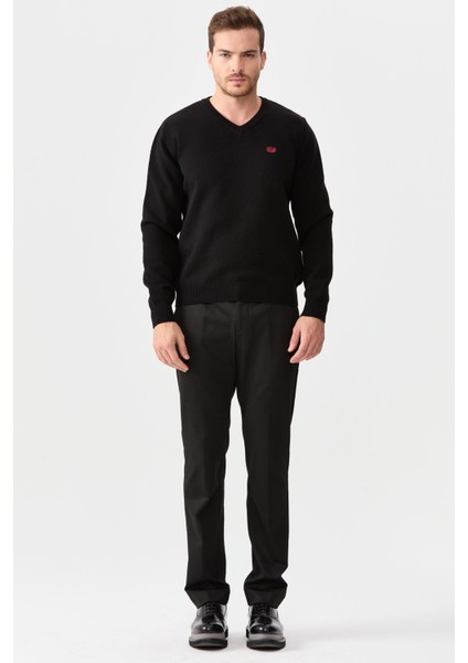 Erkek V Yaka Klasik Yün Kazak Siyah