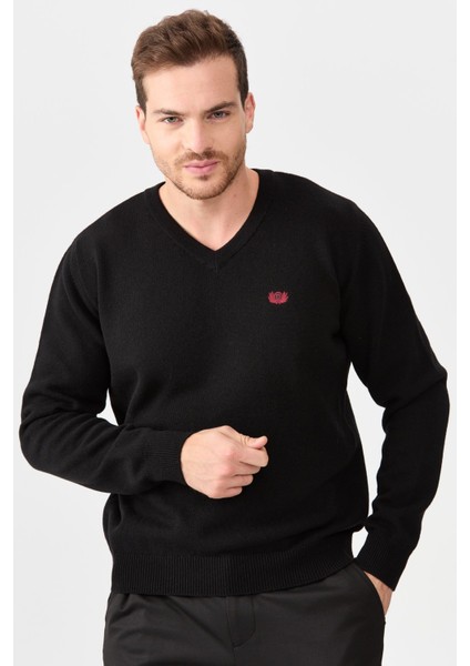 Erkek V Yaka Klasik Yün Kazak Siyah