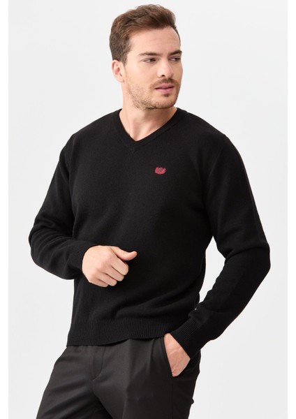 Erkek V Yaka Klasik Yün Kazak Siyah