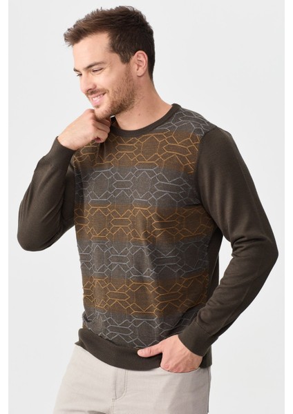 Erkek Önü Desenli Yün Kazak 2611 Kahverengi