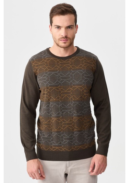 Erkek Önü Desenli Yün Kazak 2611 Kahverengi