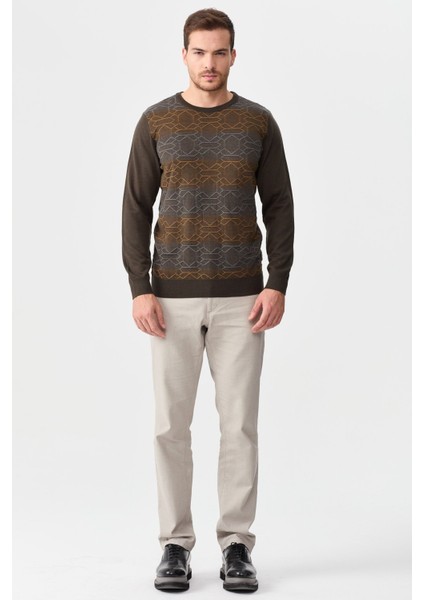 Erkek Önü Desenli Yün Kazak 2611 Kahverengi