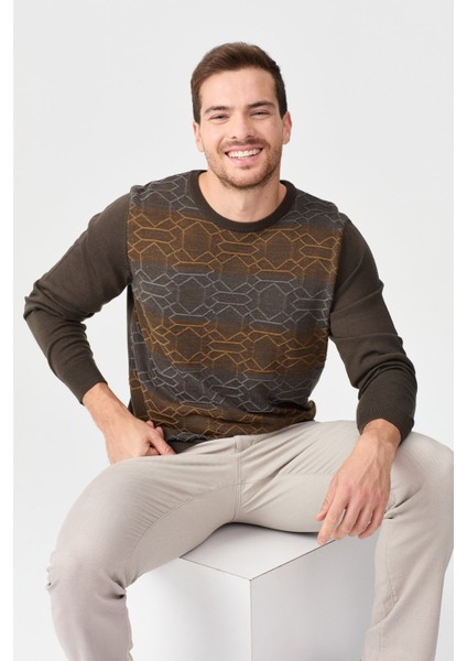 Erkek Önü Desenli Yün Kazak 2611 Kahverengi