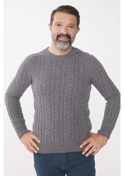 Erkek Sıfır Yaka Saç Örgülü Yün Kazak Füme fiyatları