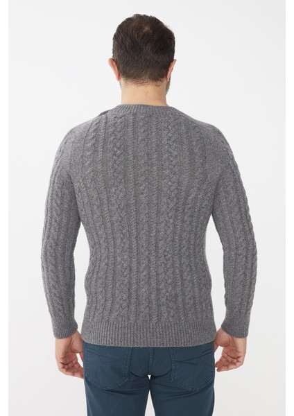 Erkek Sıfır Yaka Saç Örgülü Yün Kazak Füme modelleri