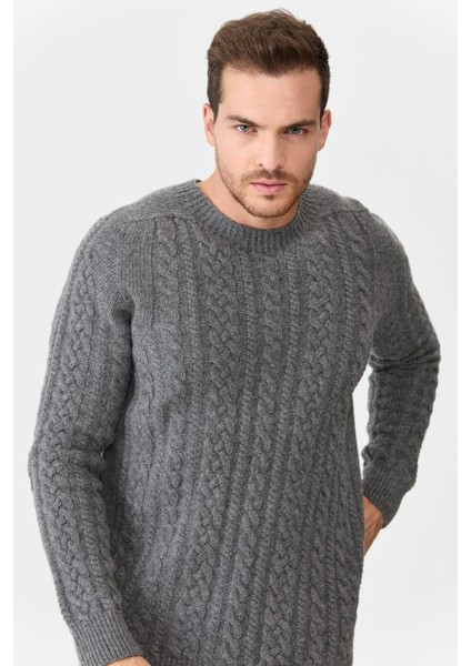 Erkek Sıfır Yaka Saç Örgülü Yün Kazak Füme fırsatları