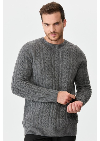 Erkek Sıfır Yaka Saç Örgülü Yün Kazak Füme indirimleri